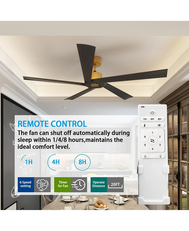 62-In Ceiling Fan with Remote Control, Reversible Dc Motor, Solid Wood,No Noise