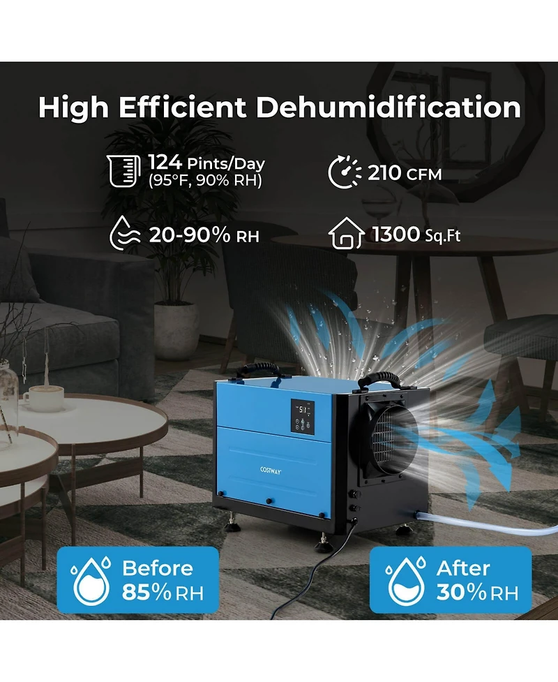 Costway 124 Pint Crawl Space Dehumidifier Commercial with 3 Modes & 24H Timer 1300 Square. feet Coverage Area