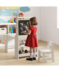 Costway Boys Art Table and Chair Set with Easel & Whiteboard Chalkboard Paper Roll