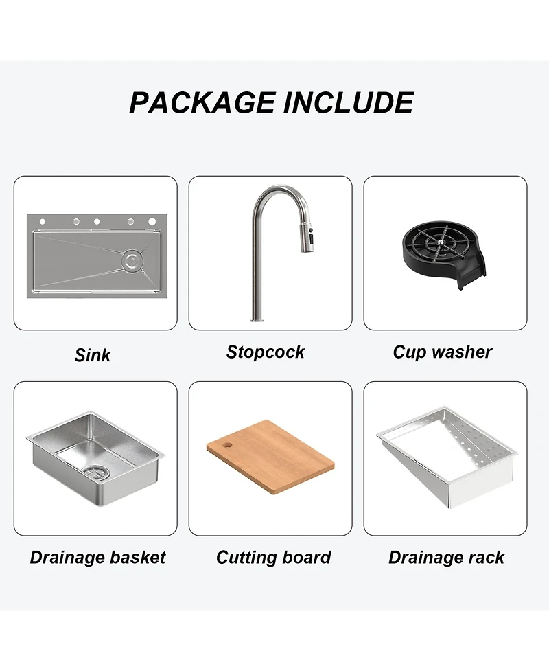 30-Inch Drop-In Single Bowl 304 Stainless Steel Kitchen Sink with Pull-Down Faucet, Cutting Board & Hidden Waterfall