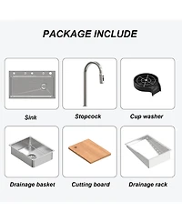 30-Inch Drop-In Single Bowl 304 Stainless Steel Kitchen Sink with Pull-Down Faucet, Cutting Board & Hidden Waterfall