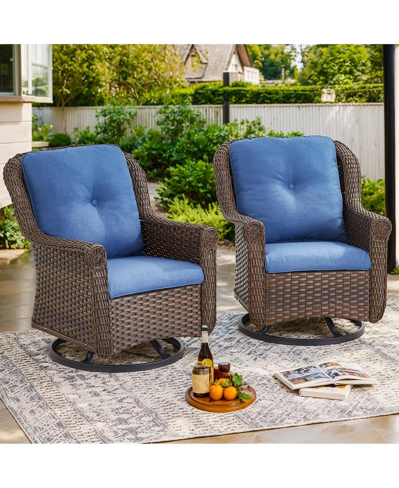 Gymojoy ChrysArm Wicker Patio 2-Piece Swivel Chairs Outdoor Rocking Chair with Thick Deep CushionGuard Olefin Cushion