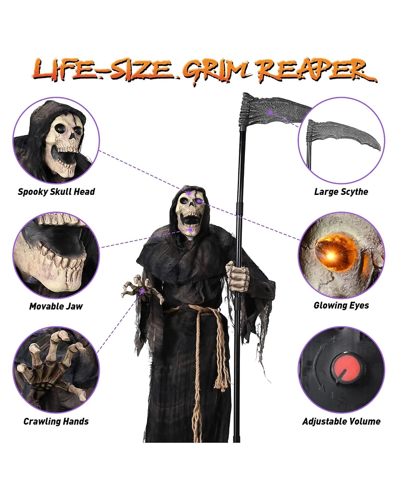 Yescom 6Ft Halloween Grim Reaper Life Size Animated Skull Motion Activated Ac 100V-240V 2025 Party Decor