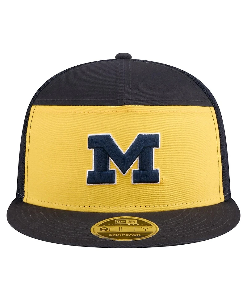 New Era Men's Black/Maize Michigan Wolverines Outdoor Wide Panel 9FIFTY Snapback Trucker Hat