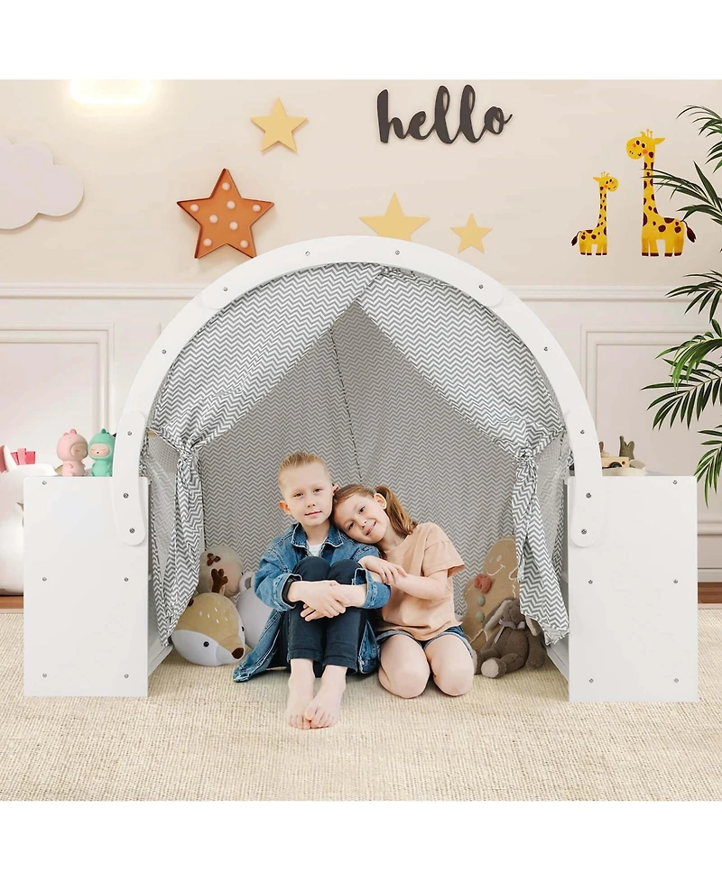 Indoor Playhouse with Storage Wooden Kids Play Tent with Curtain Shades & 8 Cubbies