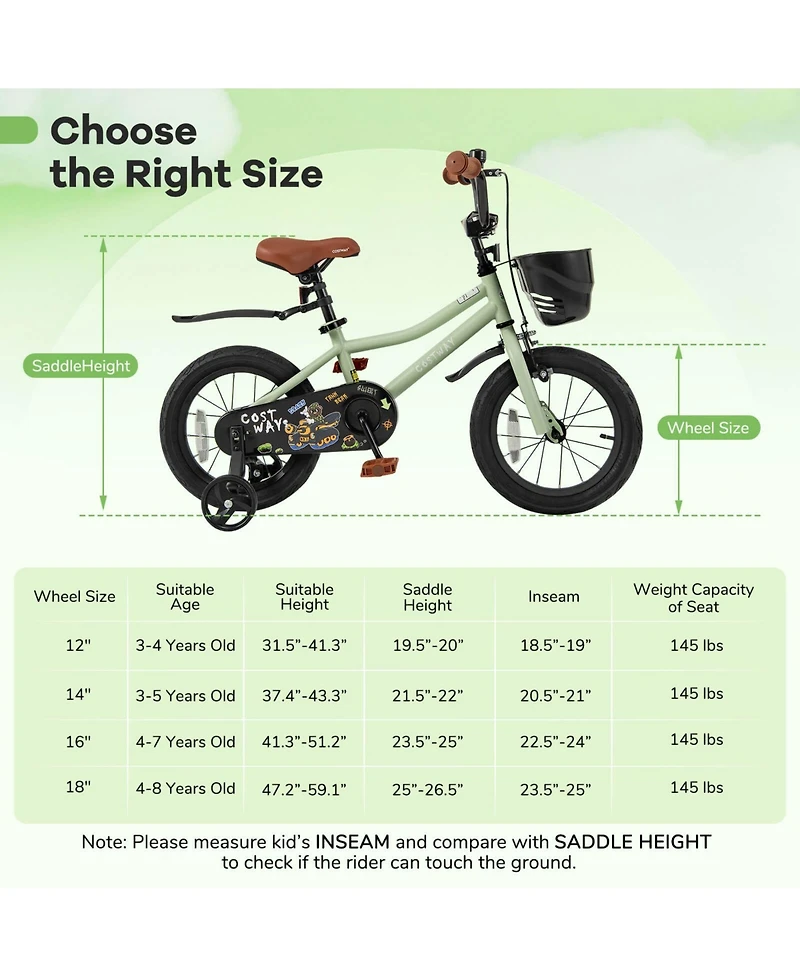 14" Kid s Bike with Training Wheels Adjustable Handlebar & Seat Handbrake
