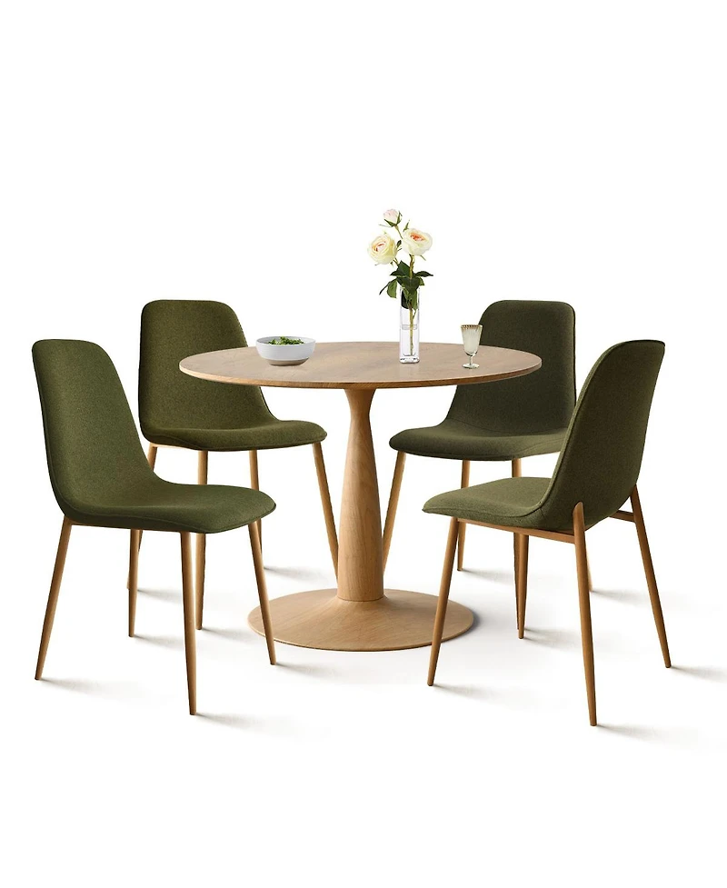 Maison Boucle Light Wood Finish 5-Piece Dining Set with 39.5 Inch Round Table and 4 Green Upholstered Chairs Wood-Look Metal Legs-Maison