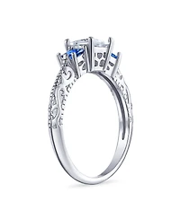 Bling Jewelry 3CT Royal Blue Cz Three Stone Past Present Future Cubic Zirconia Princess Cut Milgrain Filigree Promise Ring Sterling Silver