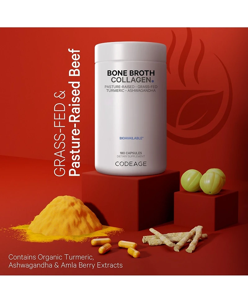 Codeage Organic Bone Broth Collagen Peptides Capsules Supplement, Grass Fed Beef Bone Broth, Free-Range Chicken Bone Broth, Turmeric & Ashwagandha