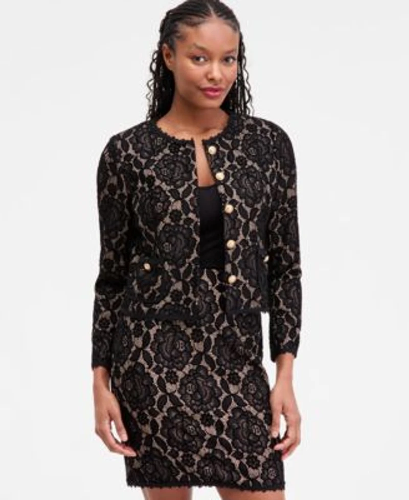 Tahari Asl Womens Bonded Lace Long Sleeve Jacket Bonded Lace Mini Skirt