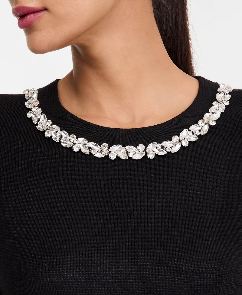 I.n.c. International Concepts Women's Short-Sleeve Embellished-Neck Sweater, Macy's Exclusive