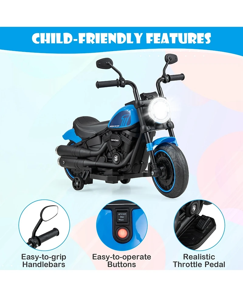 6V Kids Electric Motorcycle with Training Wheels Led Headlights Music Board