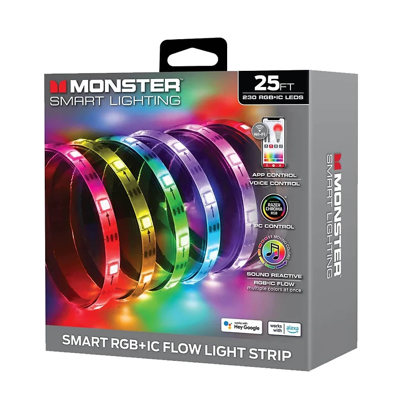 Monster 25 Ft. Sound Reactive Color Flow Indoor Led Light Strip with Razer Chroma Smart Sync