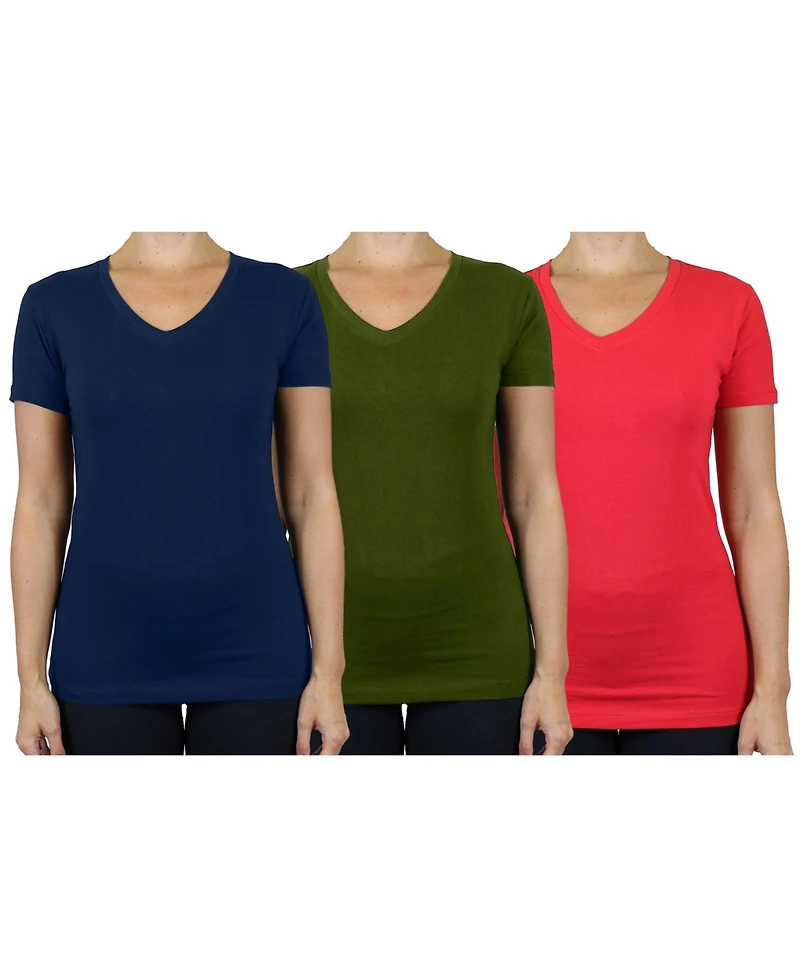 Blu Rock Women's Loose Fit Short Sleeve V-Neck Cotton Stretch Tees-3 Pack