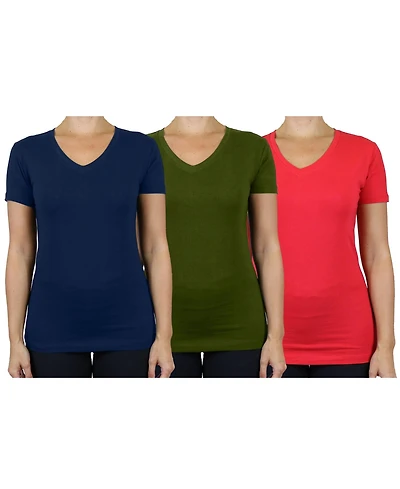 Blu Rock Women's Loose Fit Short Sleeve V-Neck Cotton Stretch Tees-3 Pack