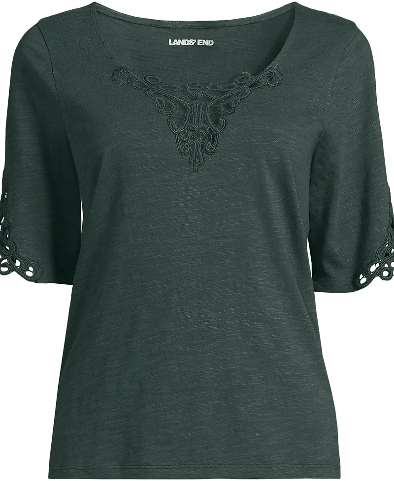 Lands' End Plus Elbow Sleeve Slub Lace Trim T-Shirt