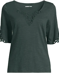 Lands' End Plus Elbow Sleeve Slub Lace Trim T-Shirt