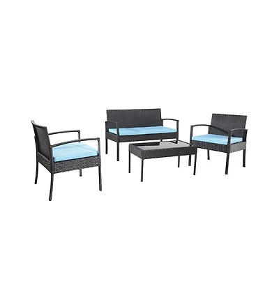 Jiallo Conversation Set. Black Wicker Blue Fabric