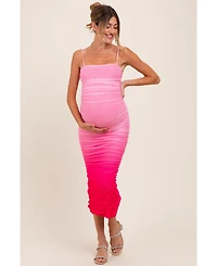 Pink Mesh Ombre Ruched Maternity Midi Dress