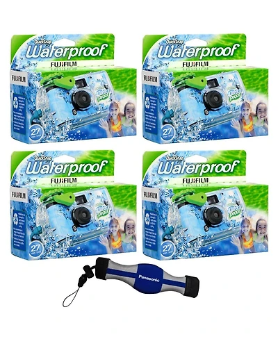 Fujifilm 4-pack QuickSnap 800 Waterproof 35mm One-Time-Use Disposable Camera, 27 Exposures with Panasonic Floating Camera Strap