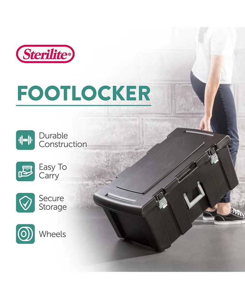 Sterilite Wheeled Footlocker, Plastic Utility Storage Container, Black