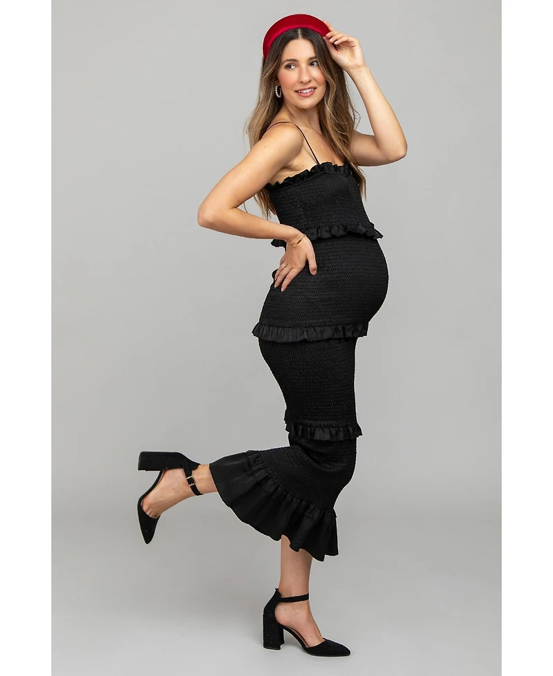 Pinkblush Maternity Olive Satin Smocked Fitted Midi Dress