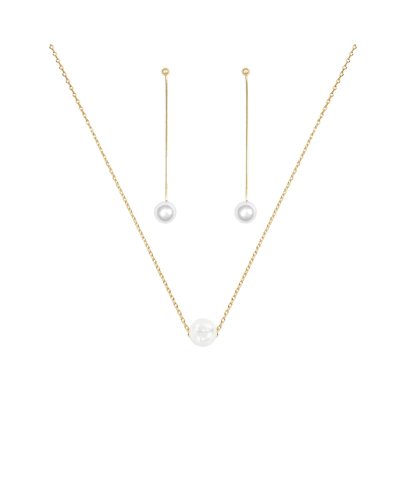 Sterling Silver 18k Gold Plated Abby Single Cultured Pearl Necklace & Dangled Drop Earrings Set