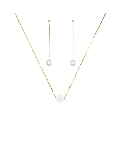 Sterling Silver 18k Gold Plated Abby Single Cultured Pearl Necklace & Dangled Drop Earrings Set