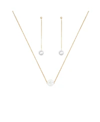 Sterling Silver 18k Gold Plated Abby Single Cultured Pearl Necklace & Dangled Drop Earrings Set