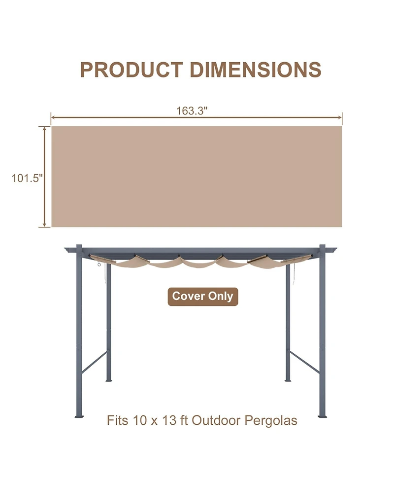 Aoodor Pergola Shade Cover for 10 x 13 ft Outdoor with Retractable Canopy, Waterproof Fabric Patio, Brown/Gray (Cover