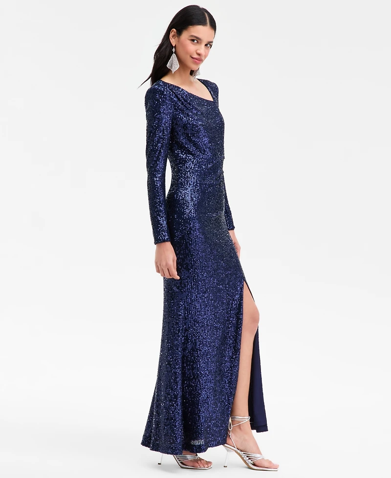 Eliza J Women's Sequined Asymmetric-Neck Side-Slit Gown
