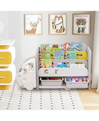 Costway 3-Tier Kids Toy Storage and Bookshelf with 2 Storage Boxes Decorative Car Head