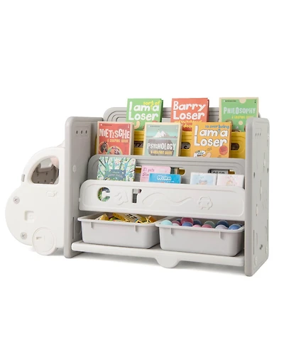 Costway 3-Tier Kids Toy Storage and Bookshelf with 2 Storage Boxes Decorative Car Head