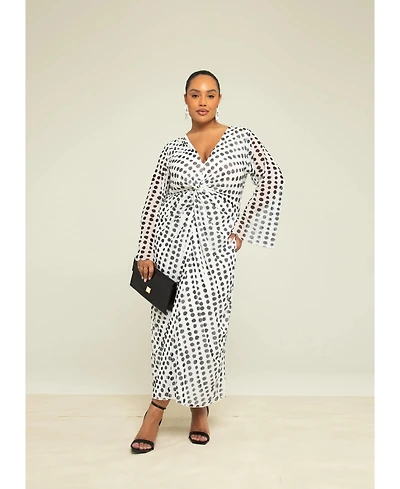 Fashion-szn Curve Women's Long Sleeve V-Neck Polka Dot Midi Dress