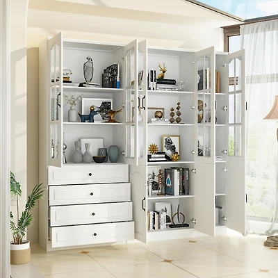Famapy 13-Shelf Bookcase with Glass Doors, 4-Drawers, Adjustable Shelves