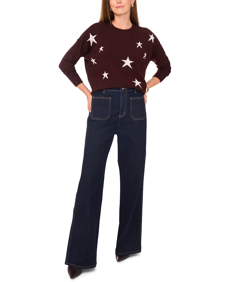 Vince Camuto Women's Cozy Crewneck Star-Print Dropped-Shoulder Sweater