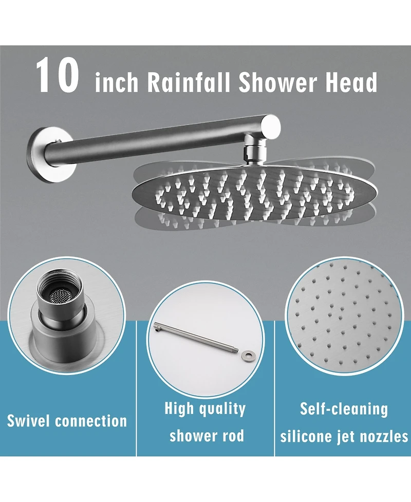 Rainsken 10 Inches Wall Mounted Shower with High Pressure Rain Shower Head and 5-Function Handheld Shower Head