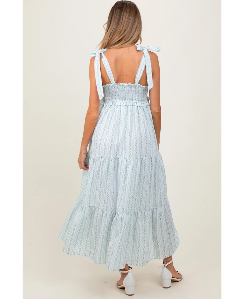 Pinkblush Maternity Floral Striped Smocked Shoulder Tie Maxi Dress