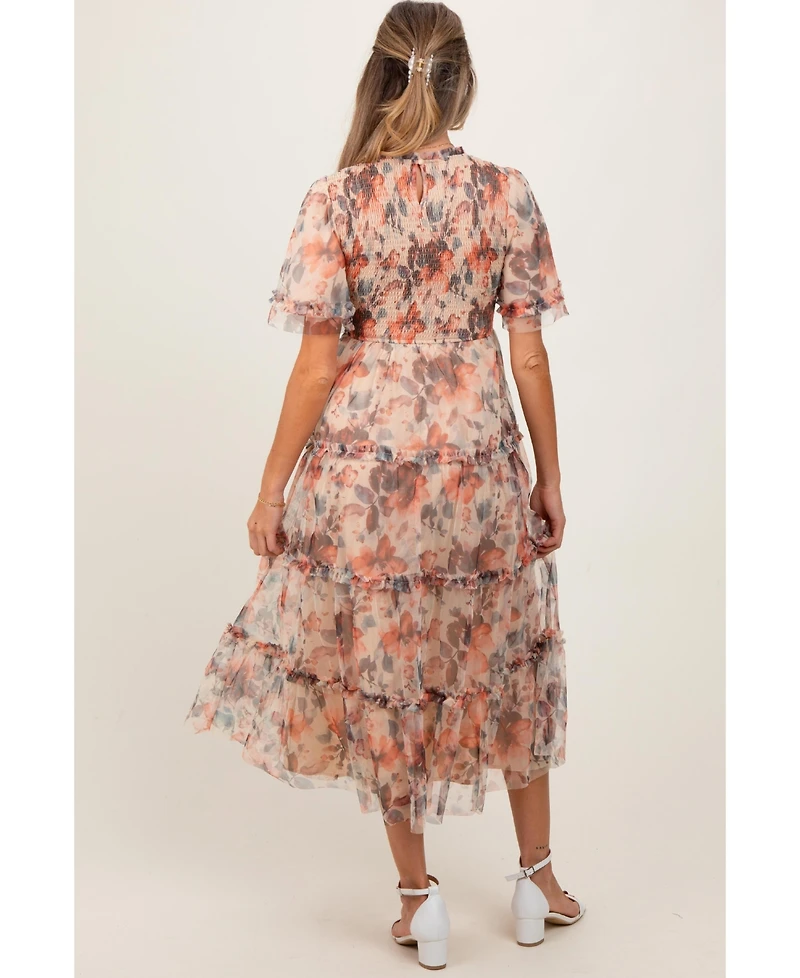 Pinkblush Maternity Peach Floral Mesh Smocked Midi Dress