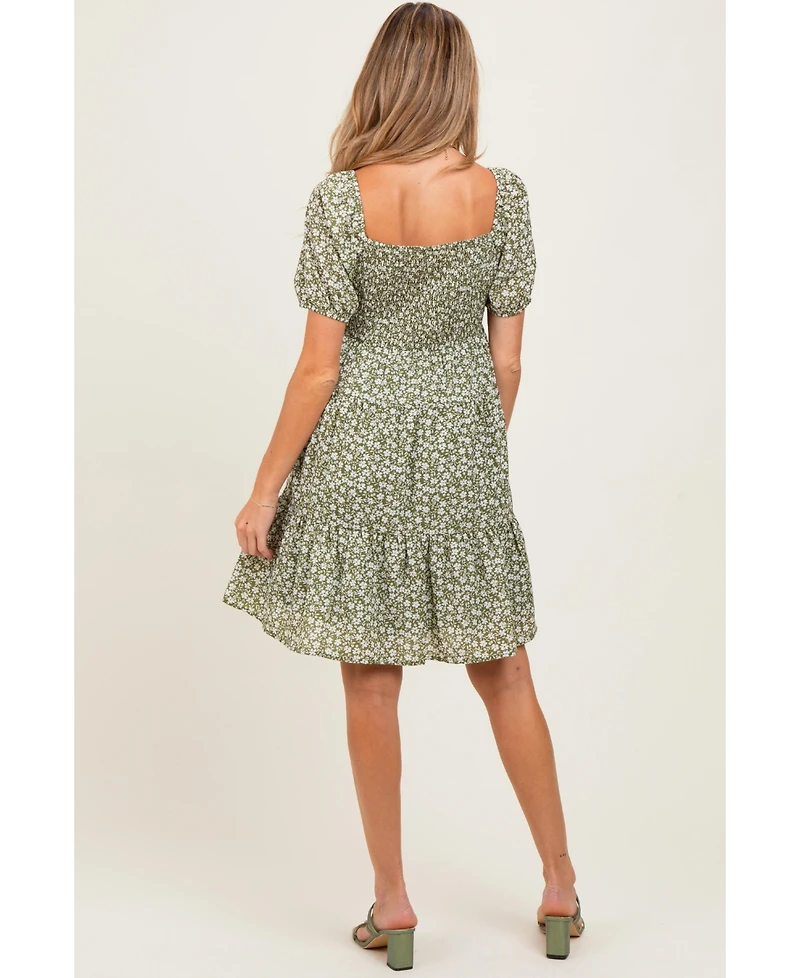 Pinkblush Maternity Light Olive Floral Tiered V-Neck Mini Dress