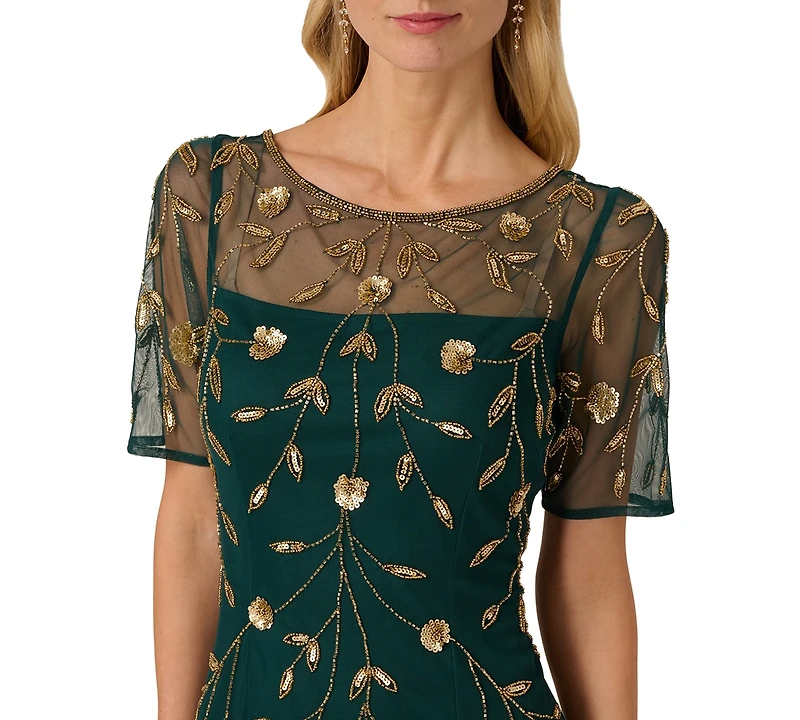 Adrianna Papell Women's Printed Bead Mesh Long Dress