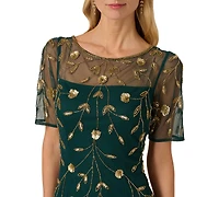 Adrianna Papell Women's Printed Bead Mesh Long Dress