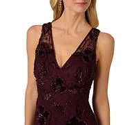 Adrianna Papell Women's Bead Velvet Flower Long Dress