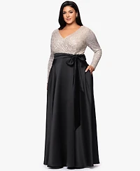 Xscape Plus Long Sleeve Sequin Ballgown Skirt Dress