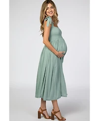 Pinkblush Maternity Beige Smocked Tie Strap Midi Dress