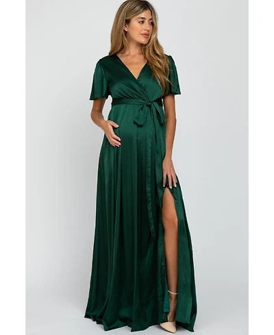 Pinkblush Maternity Green Side Slit Satin Maxi Dress