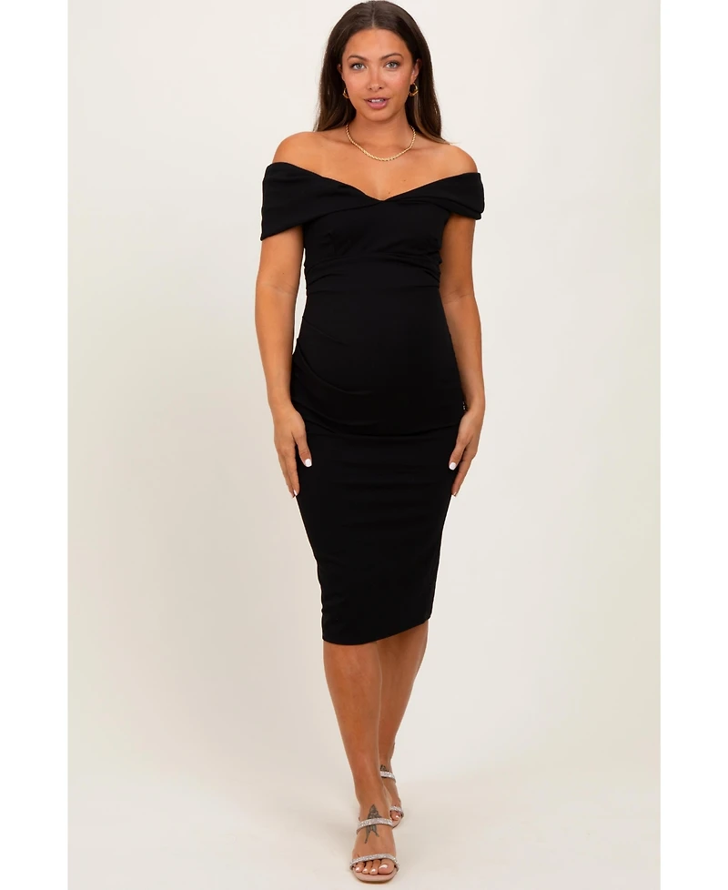Pinkblush Maternity Black Off Shoulder Fitted Midi Dress