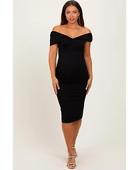 Pinkblush Maternity Black Off Shoulder Fitted Midi Dress