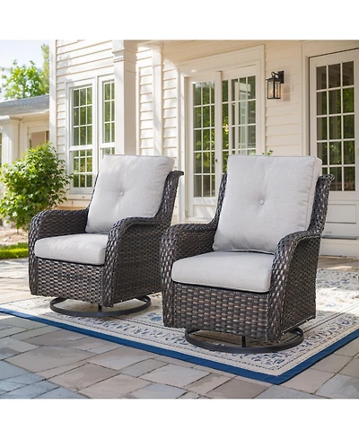 Gymojoy ArcLine Brown Wicker Swivel Glider Outdoor Rocking Chair with CushionGuard Blue Cushion (2-Pack