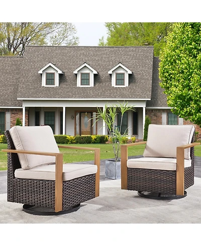 Gymojoy CubeEdge Brown Wicker Patio Swivel Chair Set Outdoor Rocking with CushionGuard Blue Cushions (2-Pack）